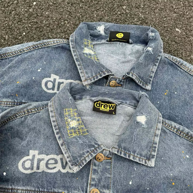 [New] Drew House Mascot Paint Splatter Denim Jacket