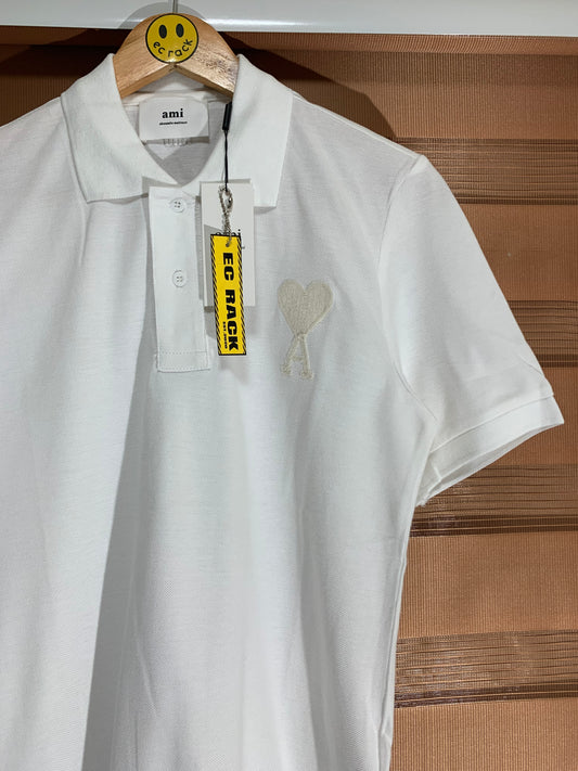 Ami Embroidered Heart Logo Polo Shirt (White)