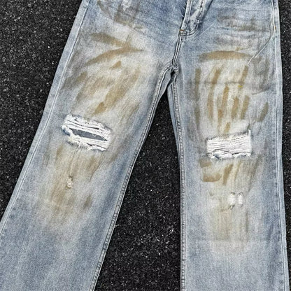 [New] Acne Studios Mid Blue Wash Distressed Wide Jeans