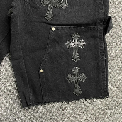[New] Chrome Hearts Cross Carpenter Double Knee Shorts (All Black)