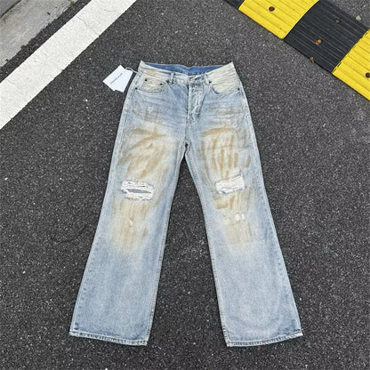 [New] Acne Studios Mid Blue Wash Distressed Wide Jeans