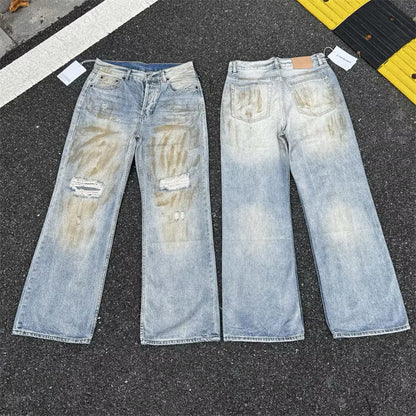 [New] Acne Studios Mid Blue Wash Distressed Wide Jeans