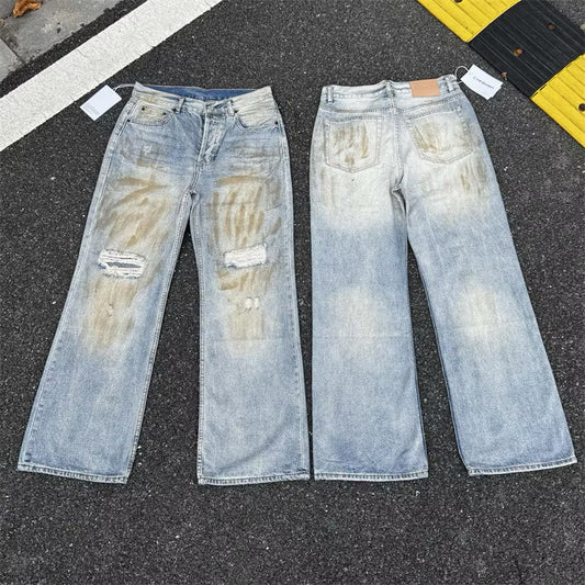 [New] Acne Studios Mid Blue Wash Distressed Wide Jeans