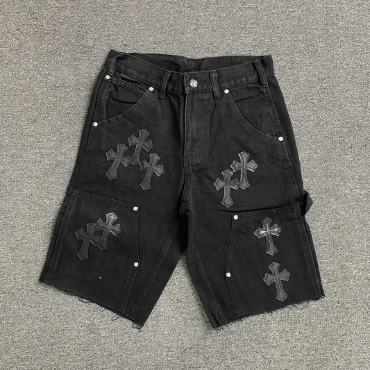 [New] Chrome Hearts Cross Carpenter Double Knee Shorts (All Black)