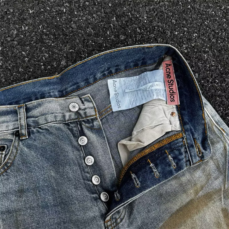 [New] Acne Studios Mid Blue Wash Distressed Wide Jeans