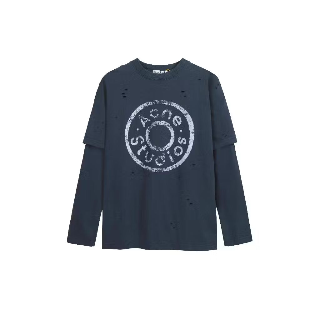 [New] Acne Studios layered logo-print distressed Longsleeve Tee