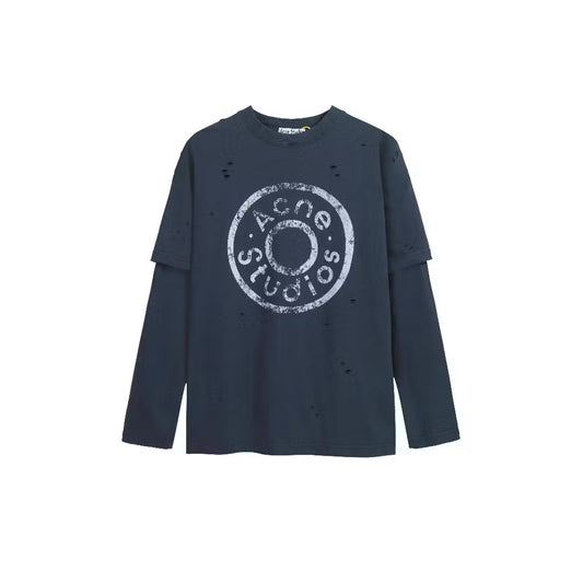 [New] Acne Studios layered logo-print distressed Longsleeve Tee