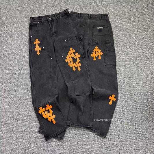 [New] Chrome Hearts Denim Double Knee Pants (Black/Orange)