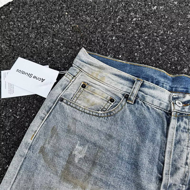 [New] Acne Studios Mid Blue Wash Distressed Wide Jeans
