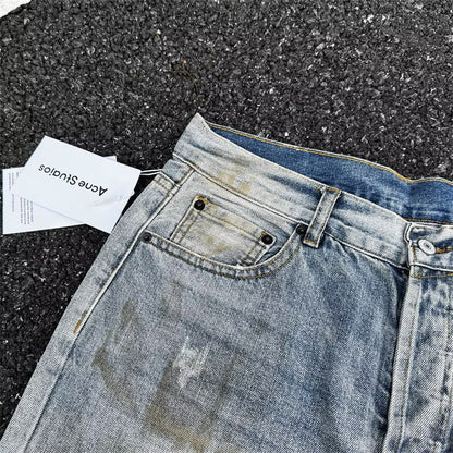 [New] Acne Studios Mid Blue Wash Distressed Wide Jeans