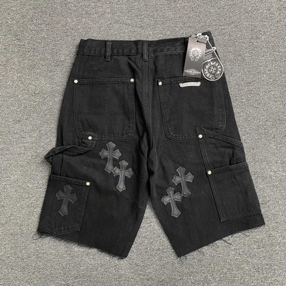 [New] Chrome Hearts Cross Carpenter Double Knee Shorts (All Black)