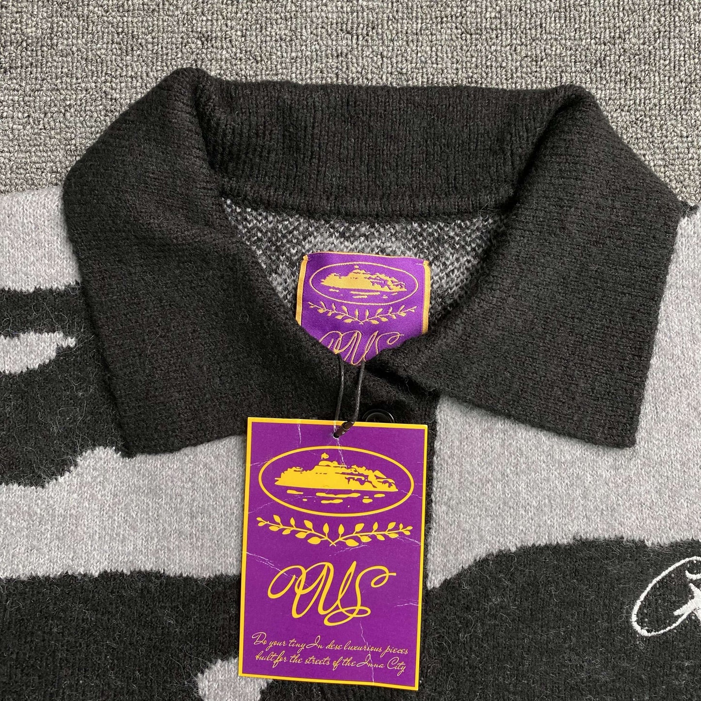 [New] Corteiz Fuzzy Mohair Collar Sweater 'Black Camo'