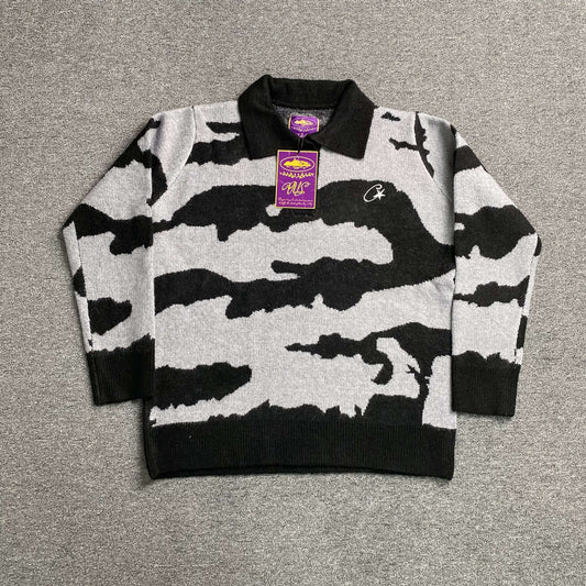 [New] Corteiz Fuzzy Mohair Collar Sweater 'Black Camo'